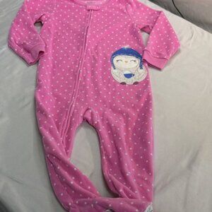 Carter's - 3T - Pink Polka Dot Fleece Onesie Sleeper with Penguin Patch